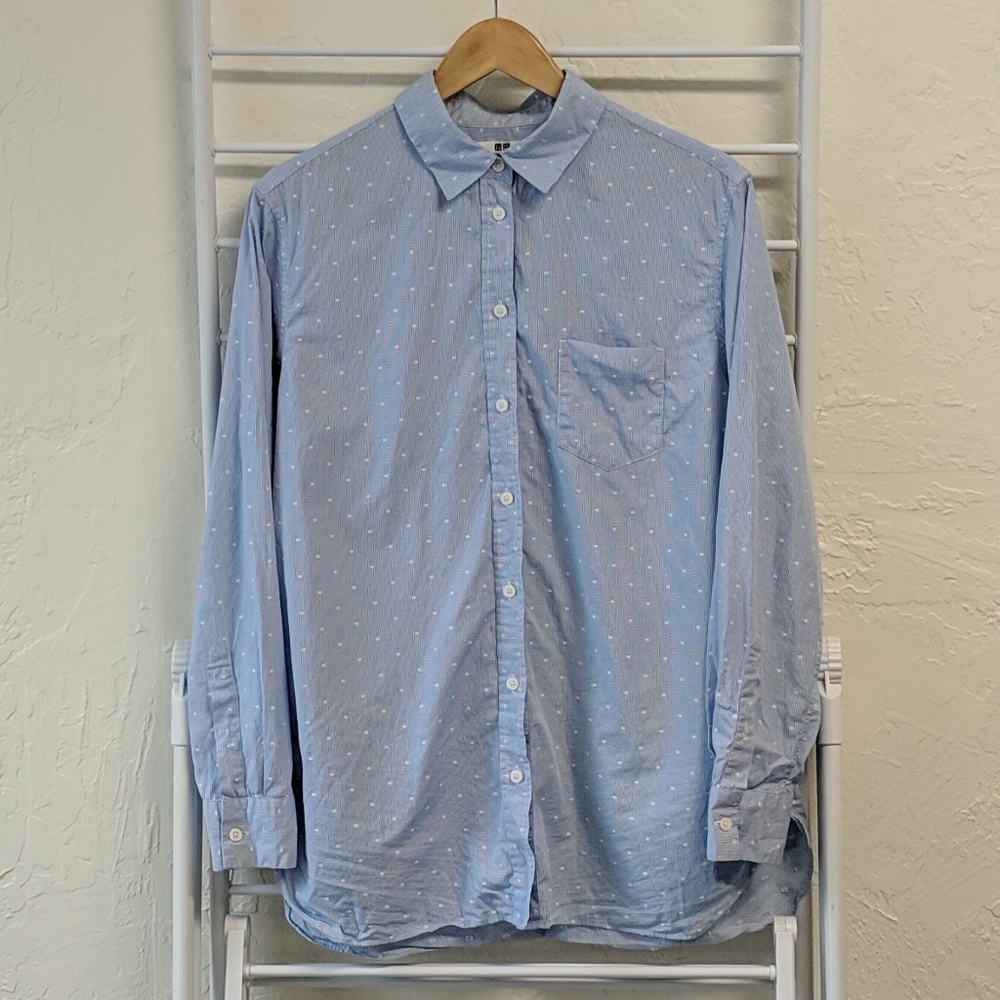 Uniqlo Blue and White Swiss Dot Button Down